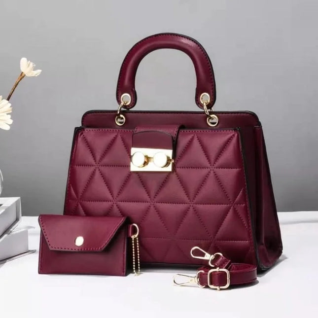 Women's Medium Pu Leather Geometric Solid Color Elegant Zipper Bag Sets Wine Red
