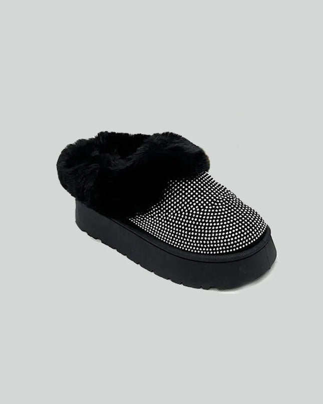 WILD DIVA Embellished Faux Fur Platform Booties Black