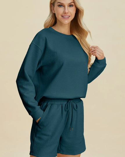 Double Take Full Size Texture Round Neck Long Sleeve Top and Shorts Set
