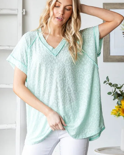 Heimish Full Size Exposed Seam V-Neck Short Sleeve Leopard Top Plus Size