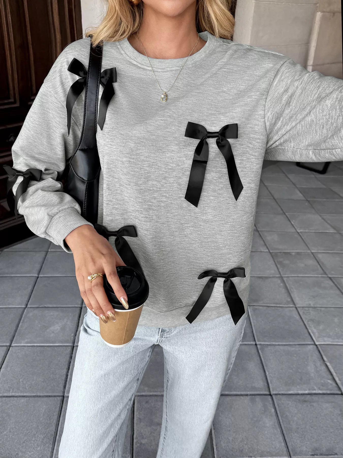 Bow Detail Round Neck Sweatshirt