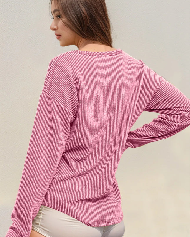 Double Take Striped Notched Long Sleeve T-Shirt