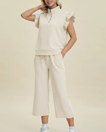 Double Take Full Size Texture Ruffle Short Sleeve Top and Wide Leg Pants Set Ivory