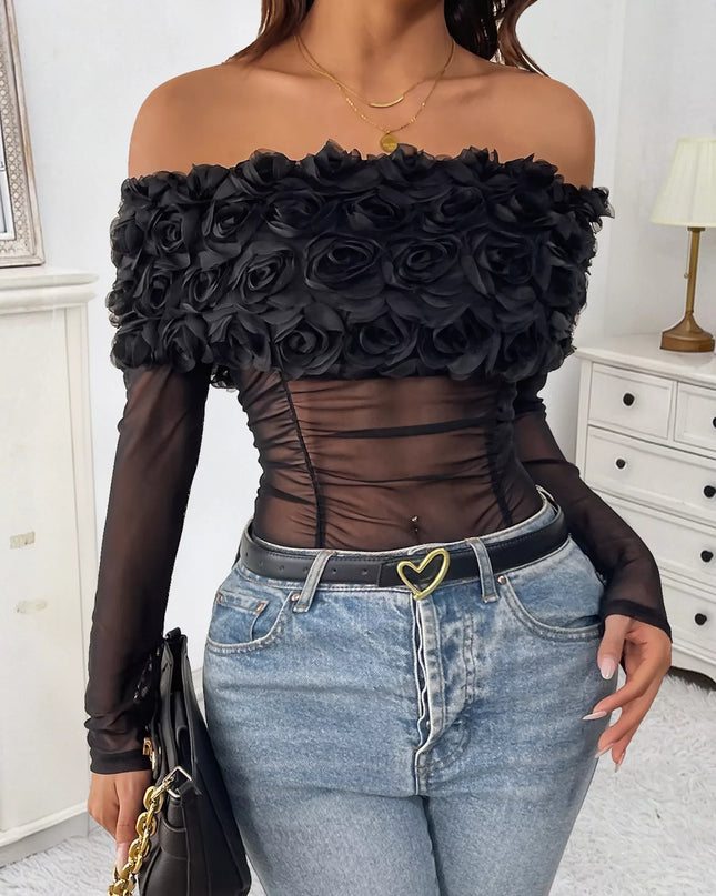 Flower Off-Shoulder Mesh Bodysuit