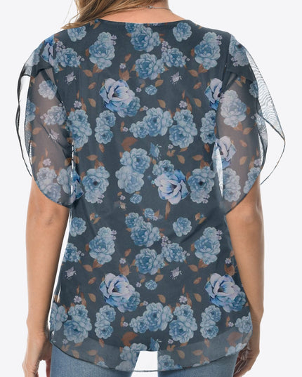 Printed Round Neck Curved Hem Blouse