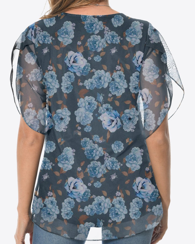 Printed Round Neck Curved Hem Blouse