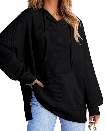 Slit Drawstring Waffle Knit Hoodie Black