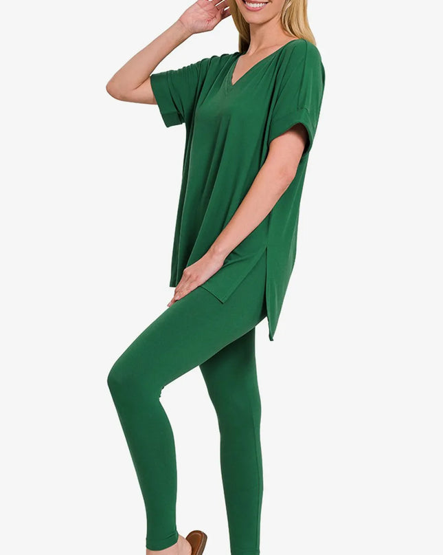 Zenana V-Neck Rolled Short Sleeve T-Shirt and Leggings Lounge Set DK Green
