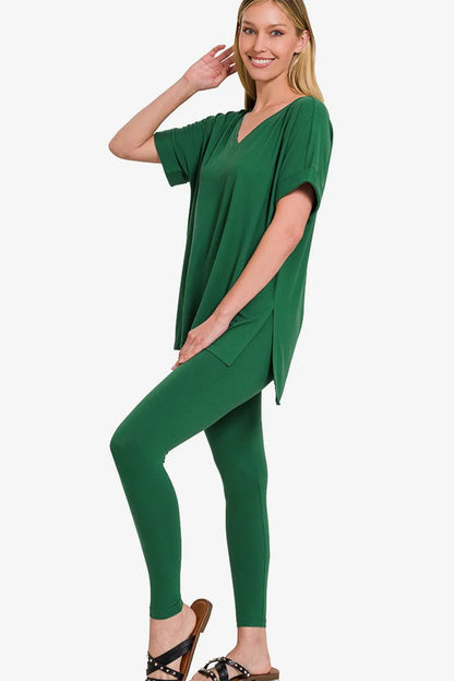 Zenana V-Neck Rolled Short Sleeve T-Shirt and Leggings Lounge Set DK Green