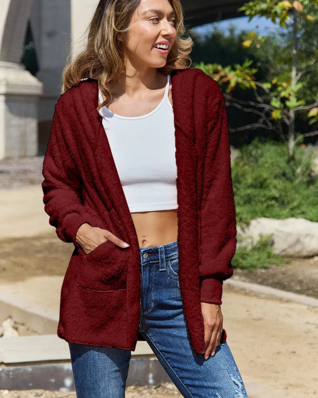 Full Size Teddy Hooded Jacket with Pockets