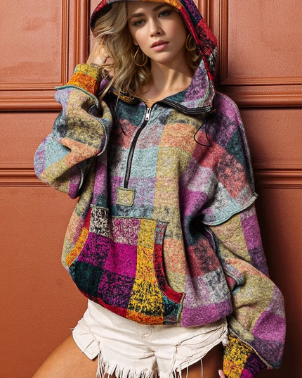 Double Take Full Size Half Zip Exposed Seam Fleece Hoodie Multicolored