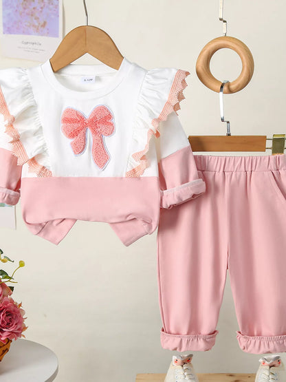 Children's Flower Long Sleeve Top and Pants Set Pink