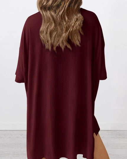 Full Size Oversized Slit Round Neck Top and Shorts Lounge Set Plus Size 