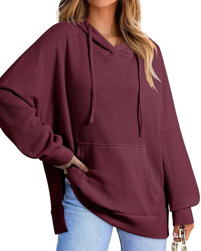 Slit Drawstring Waffle Knit Hoodie