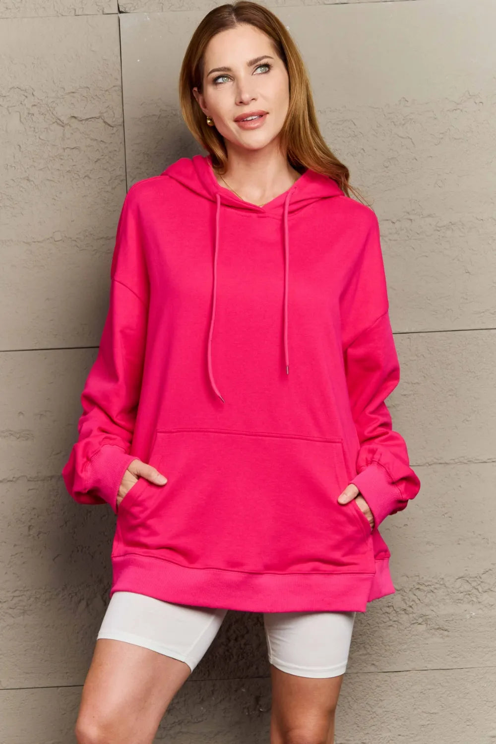 Full Size Drawstring Long Sleeve Hoodie Deep Rose