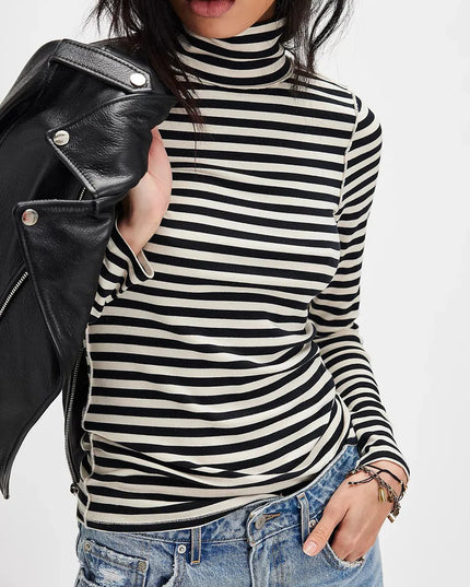 Exposed Seam Striped Turtleneck Long Sleeve T-Shirt Black white