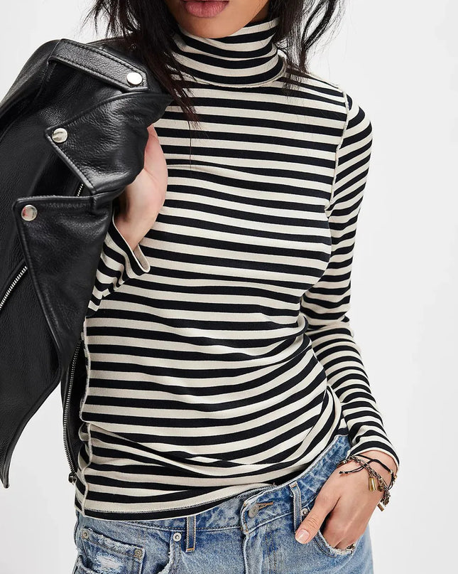 Exposed Seam Striped Turtleneck Long Sleeve T-Shirt Black white