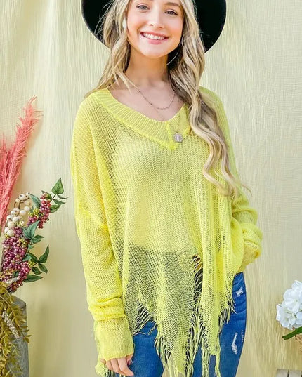 And The Why Distressed Mesh V Neck Spring Sweater Cover Up YELLOW