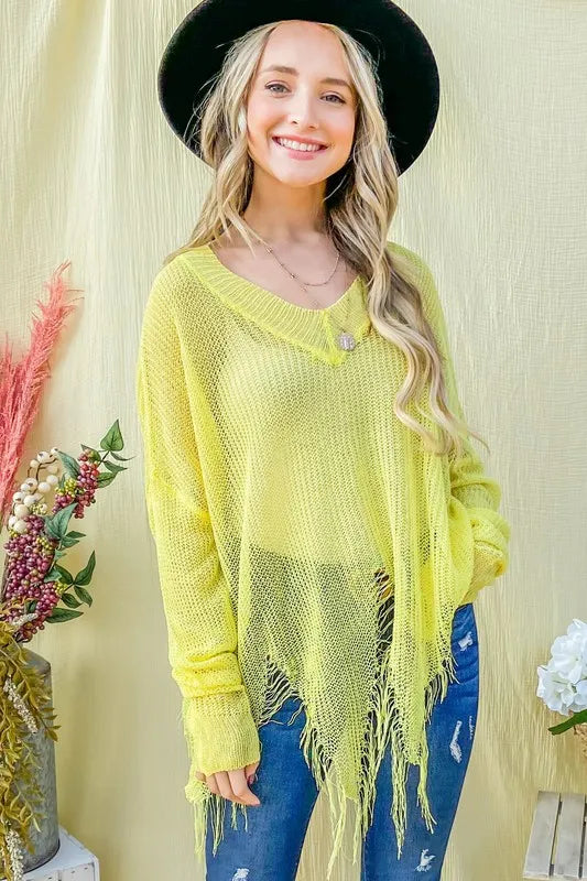 And The Why Distressed Mesh V Neck Spring Sweater Cover Up YELLOW