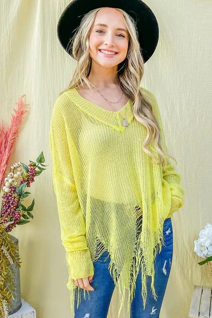 And The Why Distressed Mesh V Neck Spring Sweater Cover Up YELLOW