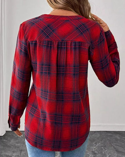 Plaid Half Button Long Sleeve Blouse