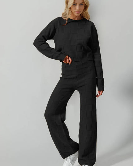 Double Take Full Size Checkered Round Neck Top and Pants Set Black