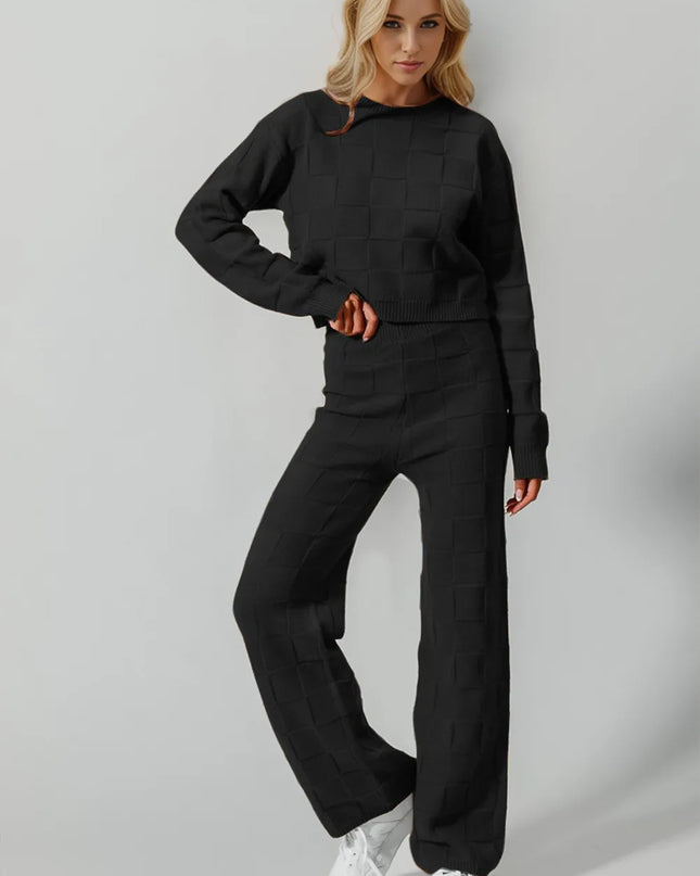 Double Take Full Size Checkered Round Neck Top and Pants Set Black