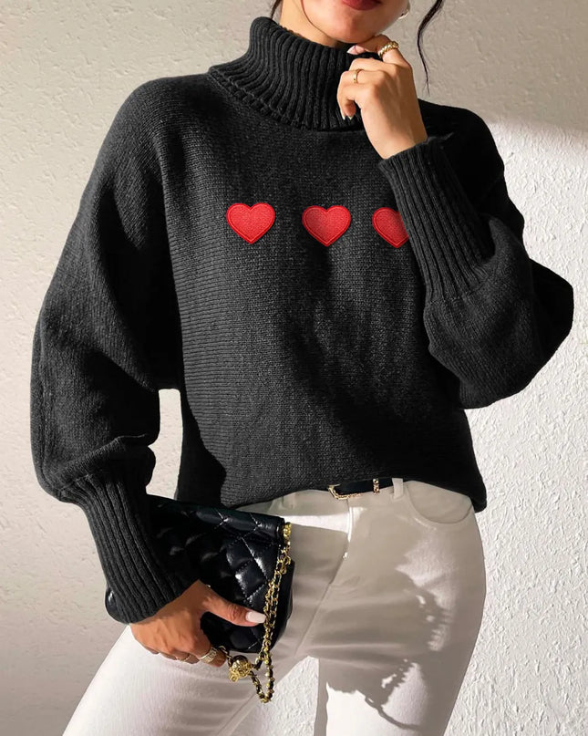 Heart Turtleneck Long Sleeve Sweater