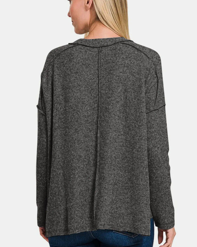 Zenana Full Size Exposed Seam Brushed Round Neck Sweater
