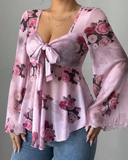 Floral Print Tie Front Flare Sleeve Blouse