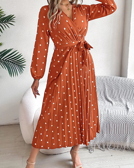 Front Tie Polka Dot Midi Pleated Dress