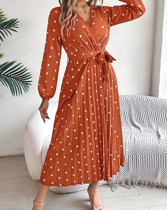 Front Tie Polka Dot Midi Pleated Dress