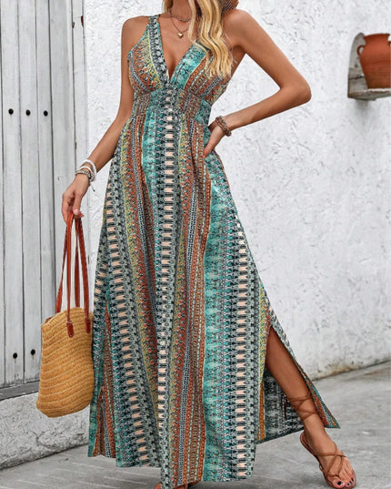 Tied Back Printed Sleeveless Maxi Slit Dress 