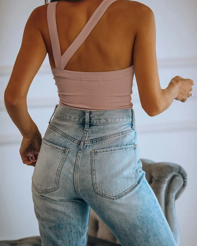 Asymmetrical Back Ribbed Crop Tank Top 