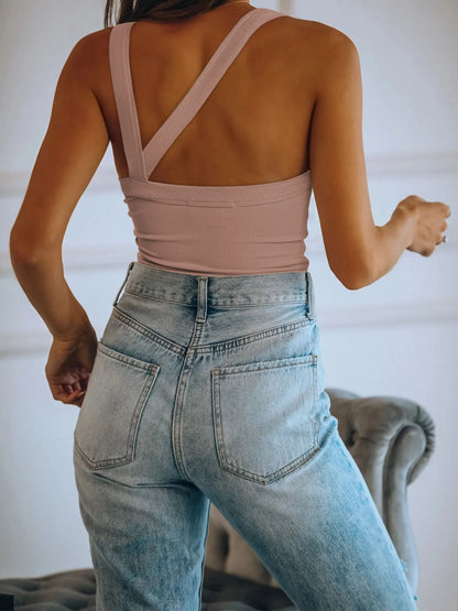 Asymmetrical Back Ribbed Crop Tank Top 