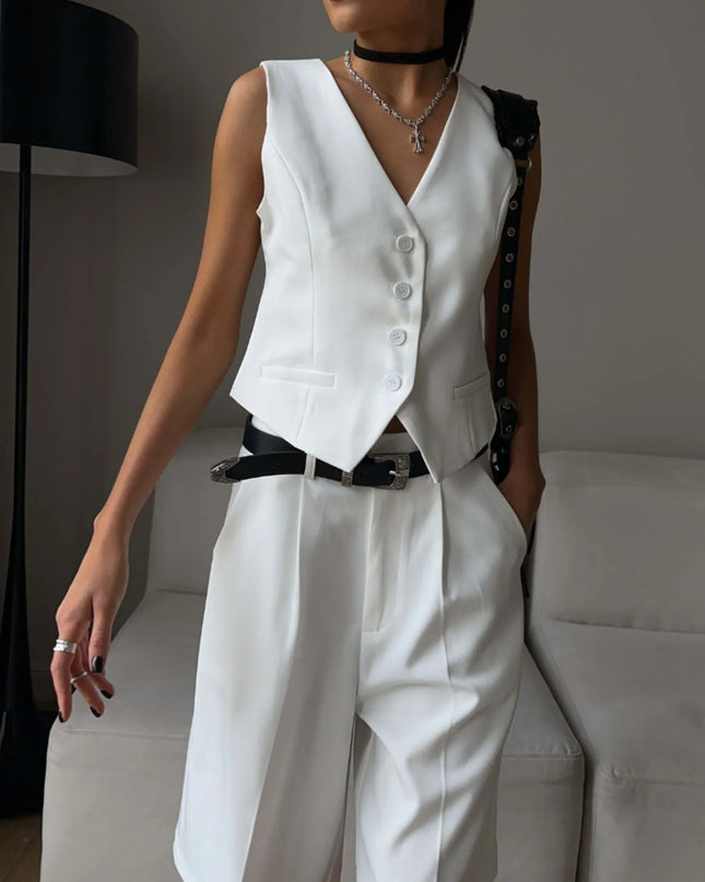 V-Neck Vest and Pants Two-Piece Blazer Set White