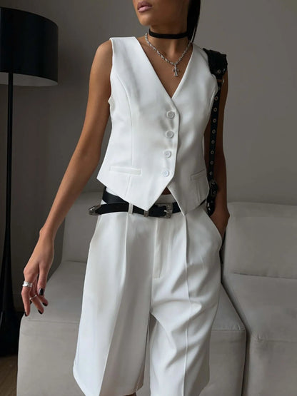 V-Neck Vest and Pants Two-Piece Blazer Set White