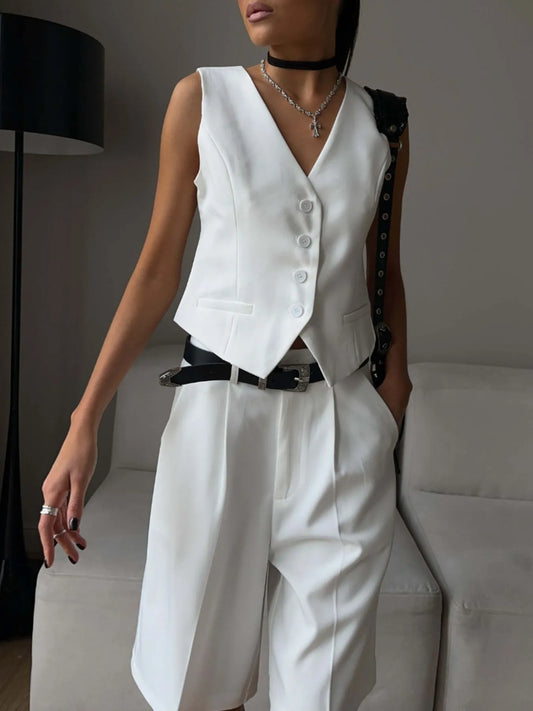 V-Neck Vest and Pants Two-Piece Blazer Set White