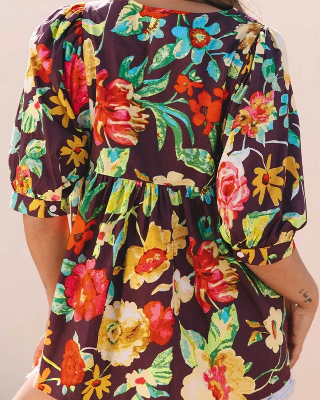 Flower Embroidered Trim Half Sleeve Blouse