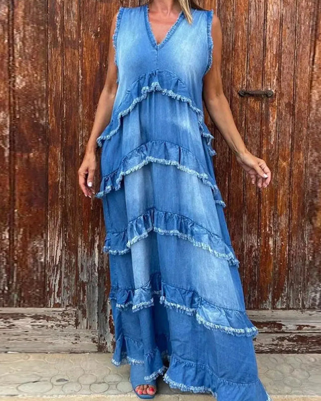 Raw Hem Layered Denim Maxi Dress 