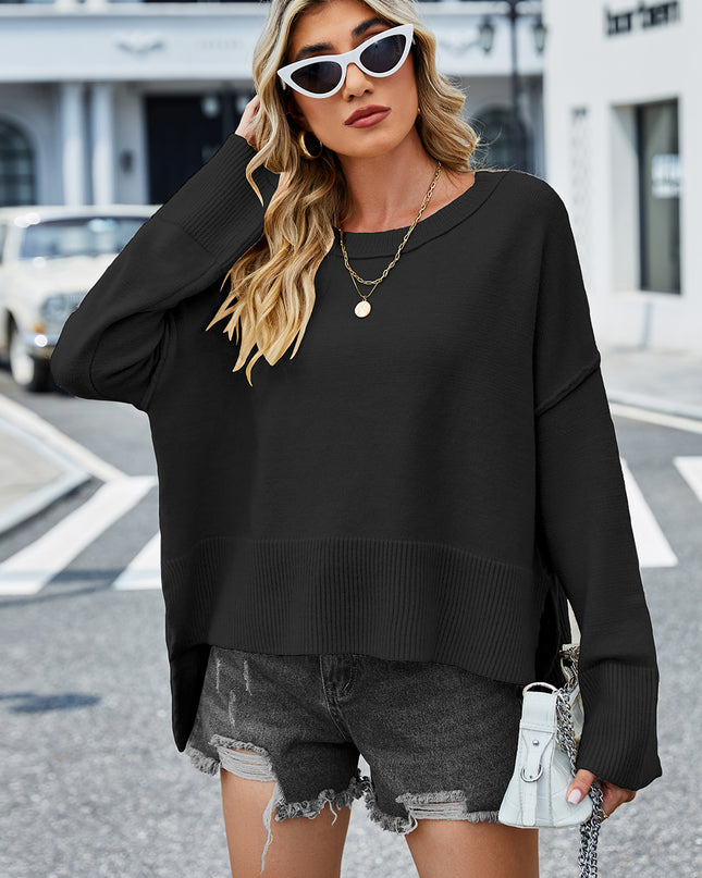 Round Neck Dropped Shoulder Slit Sweater