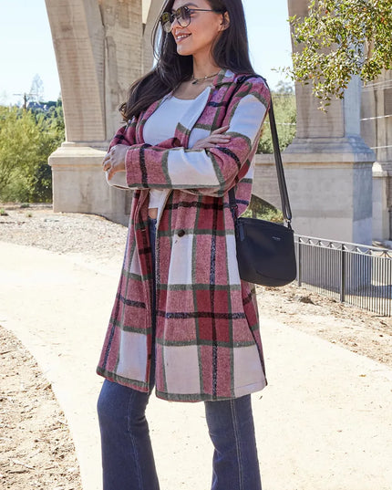 Double Take Full Size Plaid Button Up Lapel Collar Coat