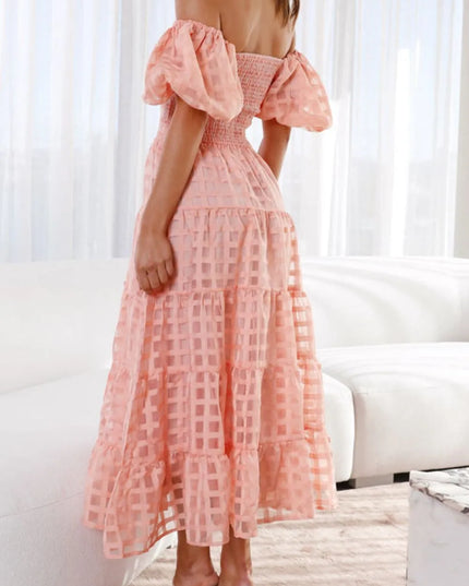 Off Shoulder Short Puff Sleeve Midi Dress