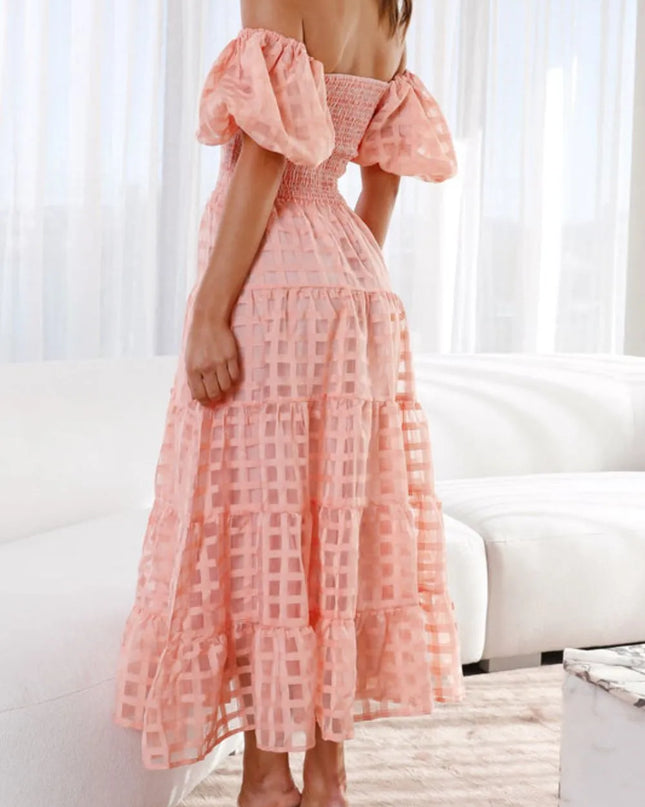 Off Shoulder Short Puff Sleeve Midi Dress