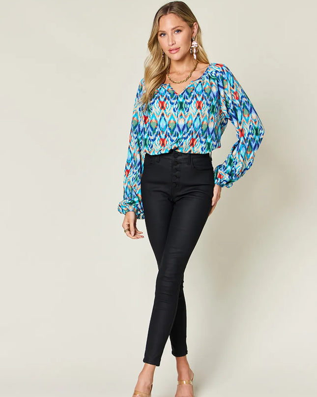 Double Take Full Size Printed Balloon Sleeve Blouse