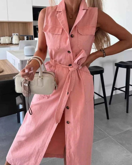 Button Front Sleeveless Denim Dress