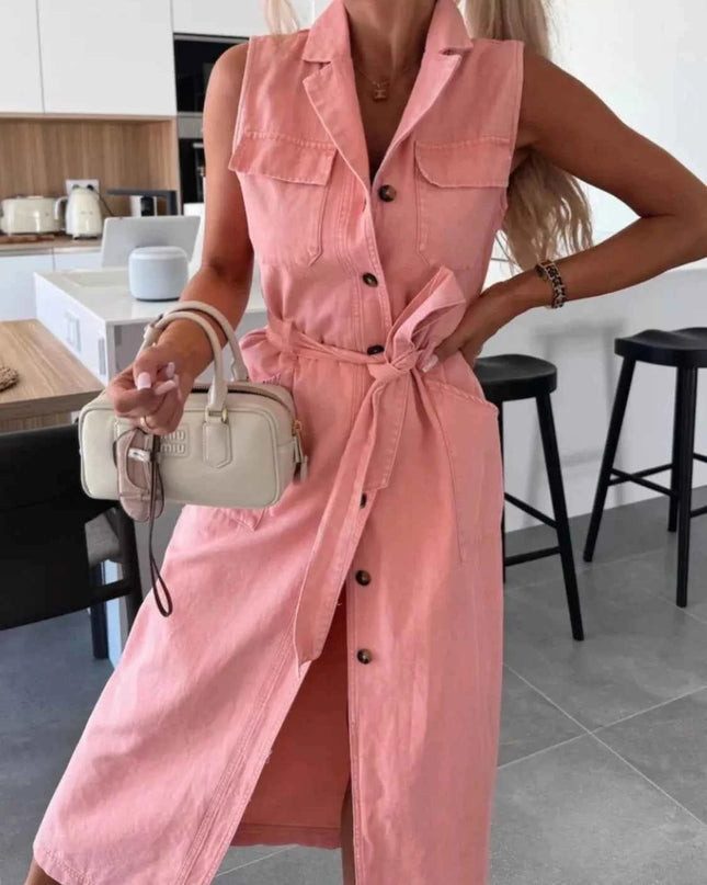 Button Front Sleeveless Denim Dress