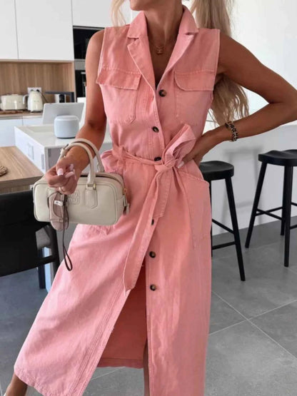 Button Front Sleeveless Denim Dress