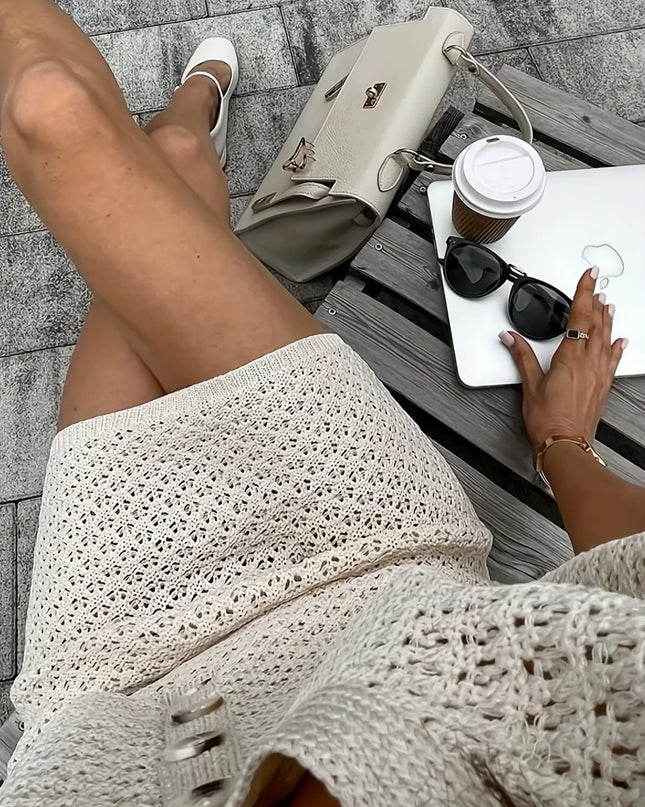 Openwork Button Up Top and Skirt Sweater Set