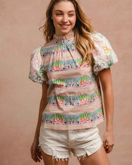 BiBi Ruffle Neckline Blouse With Embroidery Bubble Sleeve